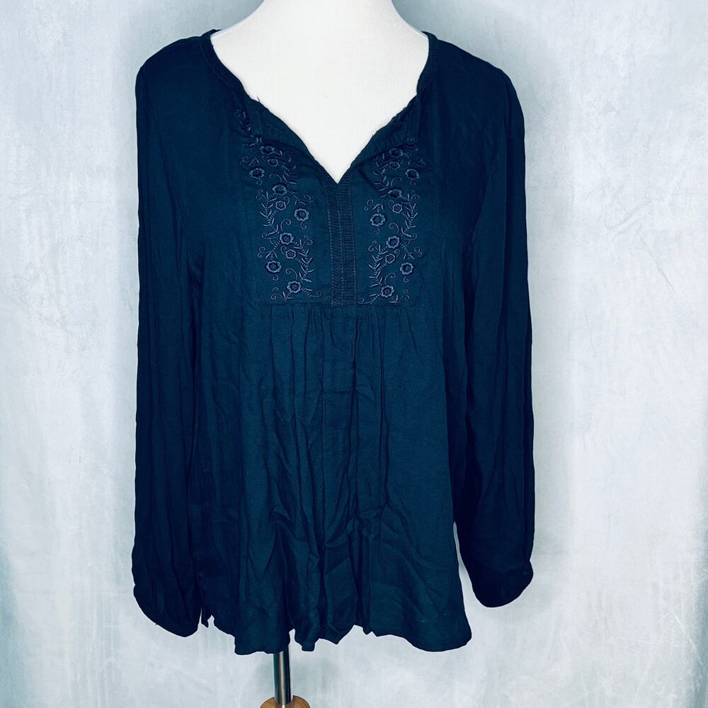 CJ Banks Navy Blue Embroidered V-Neck Long Sleeve Blouse
